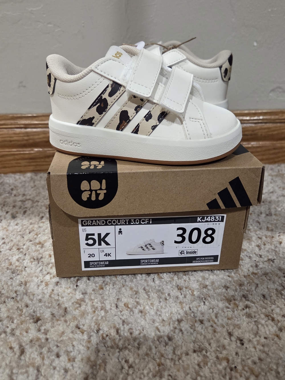 adidas Kids White Sneakers with Leopard Stripes
